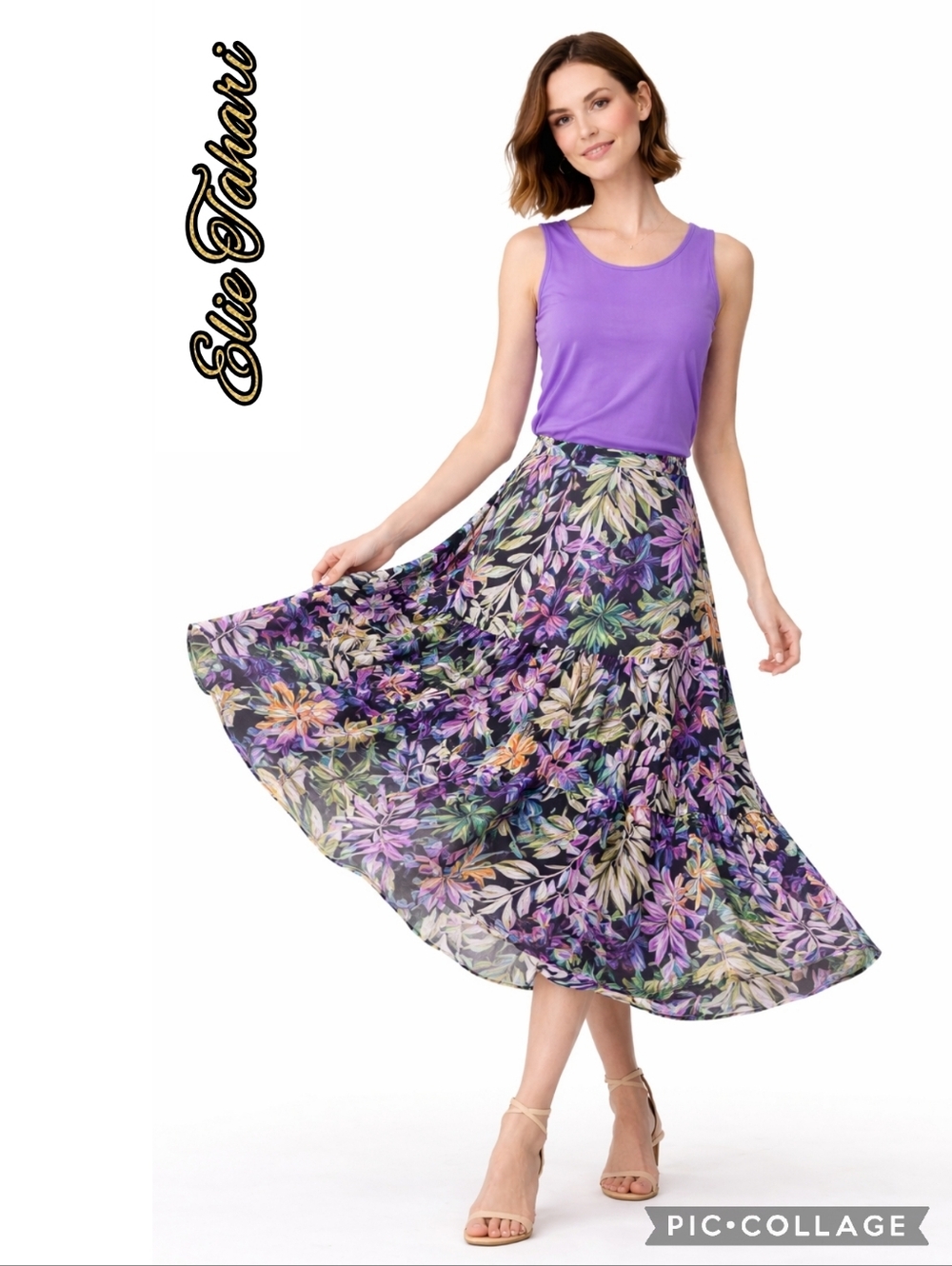 Elie Tahari full midi skirt tropical floral print 3 tiers zip back closure sz lg